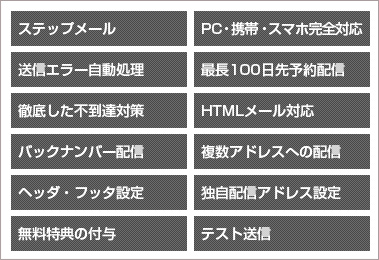 ステップメール・送信エラー自動処理・徹底した不到達対策・バックナンバー配信・ヘッダ・振った設定・無料特典の付与・PC・携帯スマホ完全対応・最長100日先予約配信・HTMLメール対応・複数アドレスへの配信・独自配信アドレス設定・テスト送信