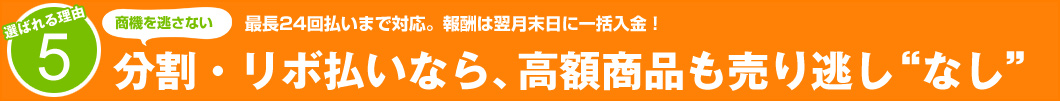 選ばれる理由5：最長24回払いまで対応。報酬は翌月末日に一括入金！分割・リボ払いなら、高額商品も売り逃しなし