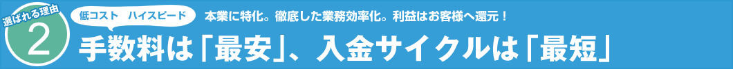 選ばれる理由2　本業に特化。徹底した業務効率化。利益はお客様へ還元！　低コスト ハイスピード　手数料は「最安」、入金サイクルは「最短」