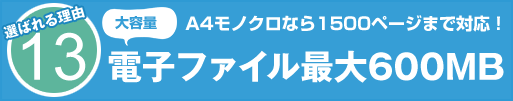 選ばれる理由13　大容量　A4モノクロなら1500ページまで対応！ 電子ファイル最大600MB